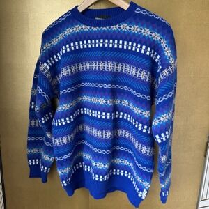 Vintage 1980s Unisex Pierre Cardin Blue Nordic Scandi Crew Sweater Size Medium